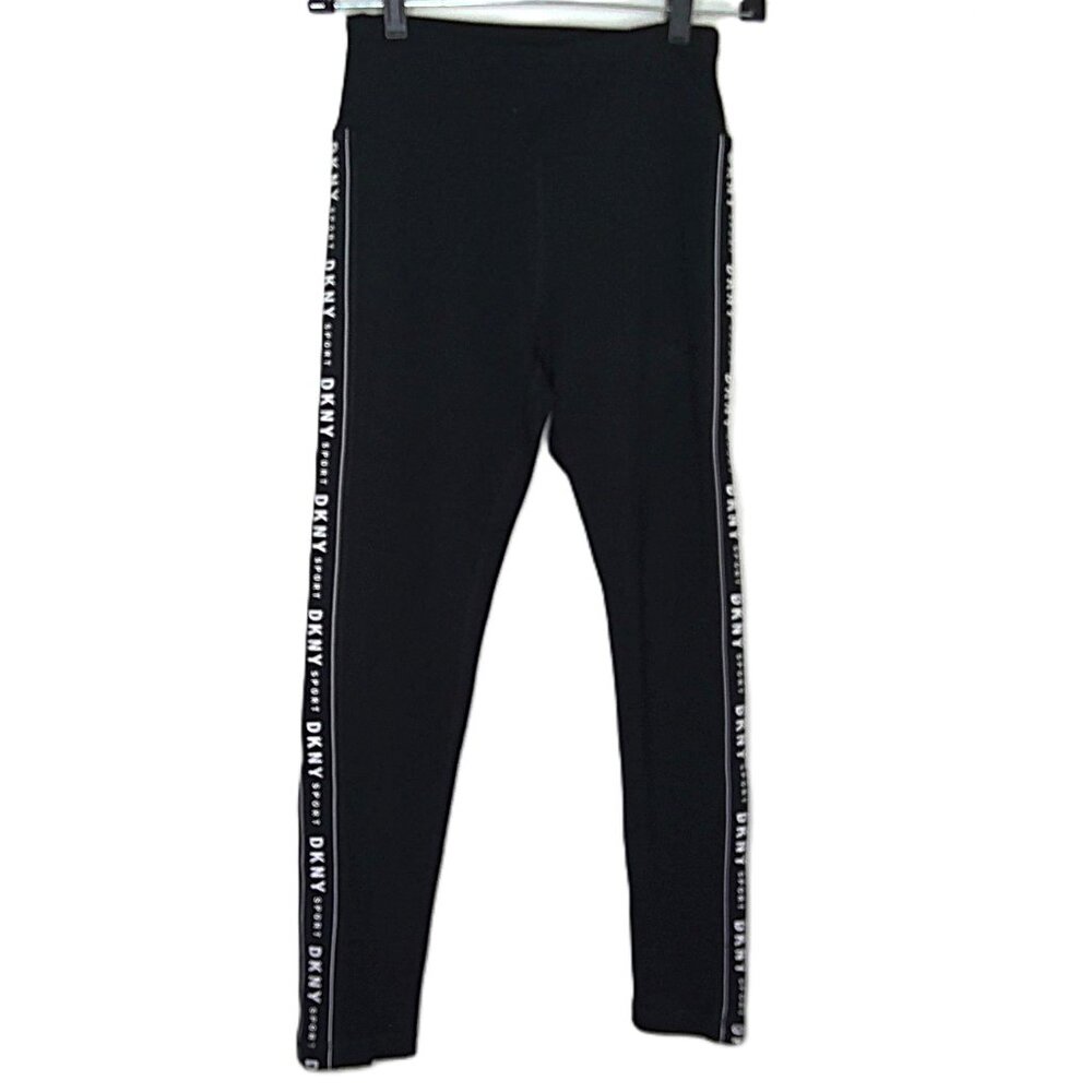 NEW DKNY Sport Black Leggings Cotton Blend Pants White Logo Stretch NWOT Sz XS